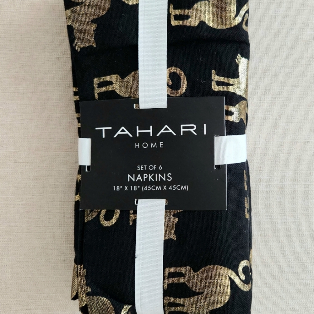 Tahari Home Halloween Cotton Napkins - Black & Gold Cat Pattern - Set of 6 - New